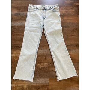 Entro Raw Hem flare leg light wash denim jean Large.
